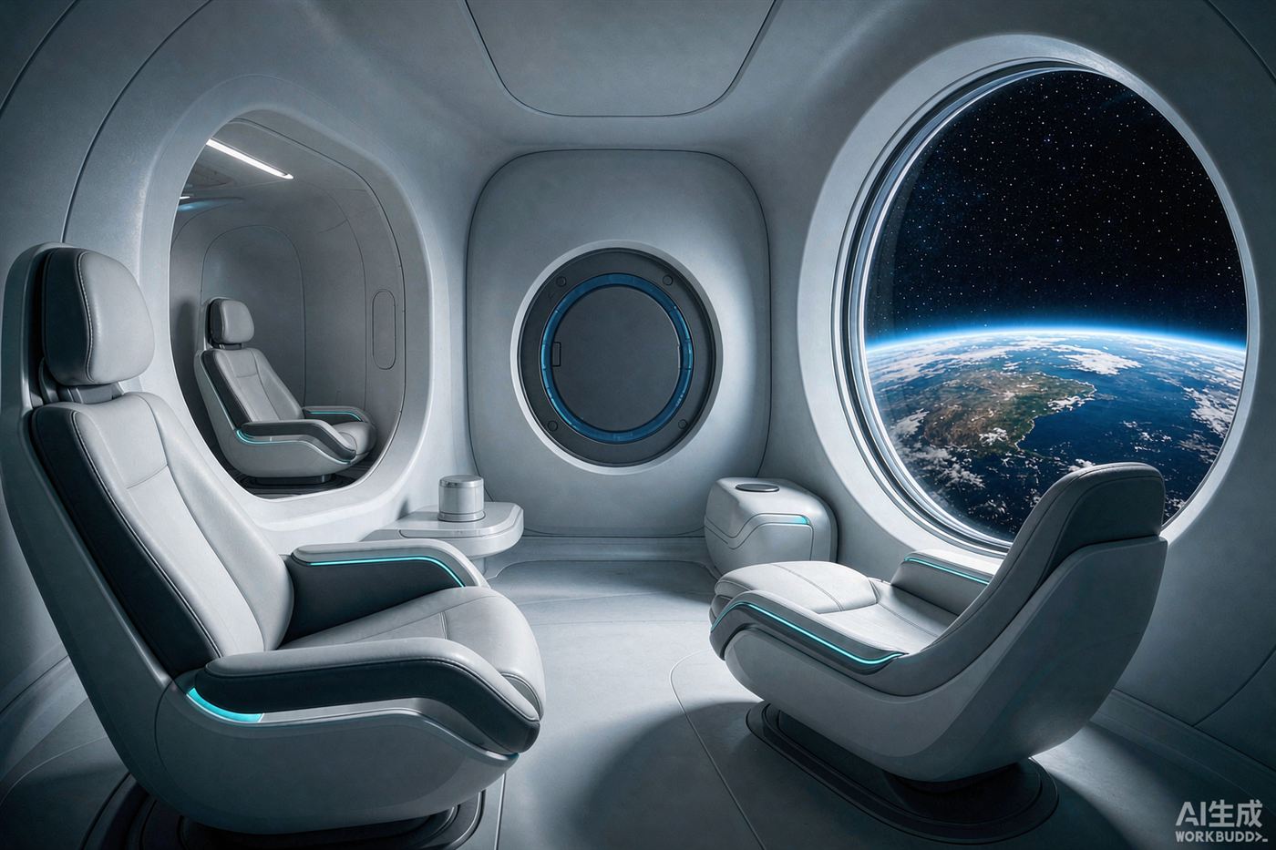 太空舱内景，舷窗外可见地球与星空